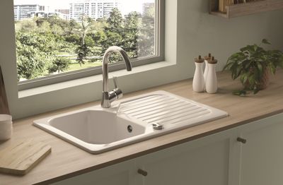 Evier de cuisine grès blanc 80x50 cm 1 bac 1 egouttoir Garrigue - PERLINE