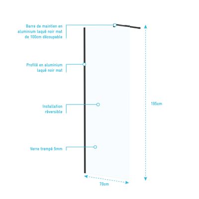 Paroi de douche à l'italienne 70x195 cm profilé noir verre transparent 5 mm Essentiel - AURLANE