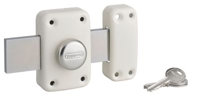 Verrou de porte de garage Apache à bouton et cylindre 40 mm pêne 160 mm blanc THIRARD