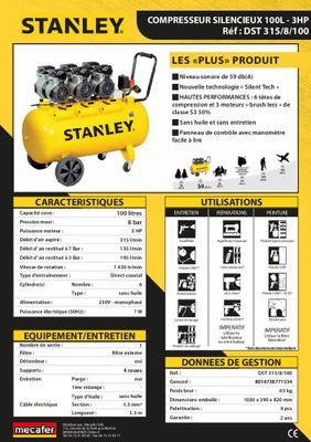 Compresseur 100 l débruité 3 têtes STANLEY