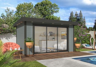 Studio de jardin en bois peint gris White Wood  28 mm Lydia - 15 m², Livraison à domicile incluse - PALMAKO