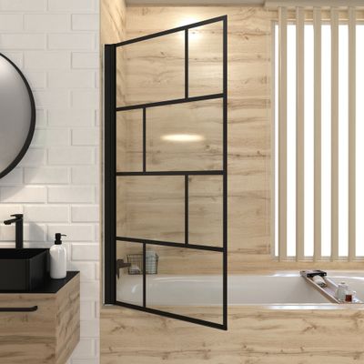 Pare-baignoire rabattable 140x80 cm profilé noir verre sérigraphié Bricks - AURLANE