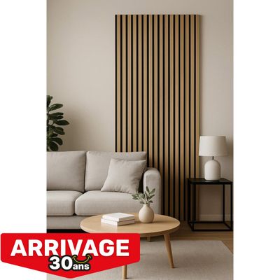 Panneau acoustique décoratif Ecowall Acoustic chêne miel 90 sur fond noir - Lot de 2 - 14 x 300 x 2600 mm - AJ TIMBER