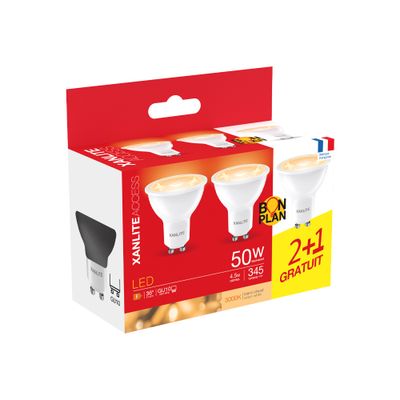 Ampoules LED SMD GU10 4,5W = 345 lumens blanc chaud par 3 - XANLITE