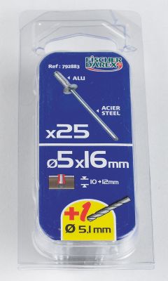 Rivets aveugle 5 x 16 mm alu acier cannelé par 25