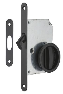 Serrure à crochet axe 50 mm rosaces rondes noires pour porte coulissante THIRARD