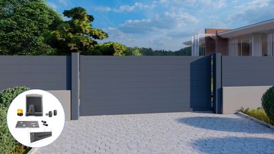 Portail coulissant Balthazar alu réversible 3m50 x 1m51 gris + motorisation COFRECO