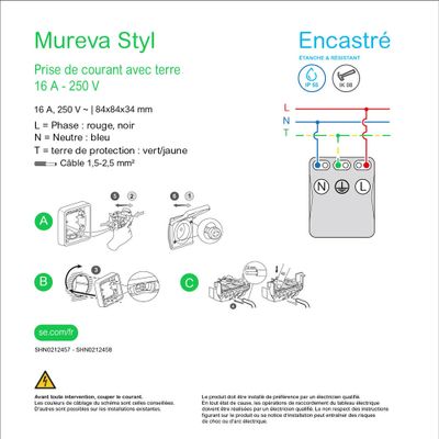 Prise étanche 2 pôles + terre IP55 encastré blanc - Mureva Styl SCHNEIDER ELECTRIC