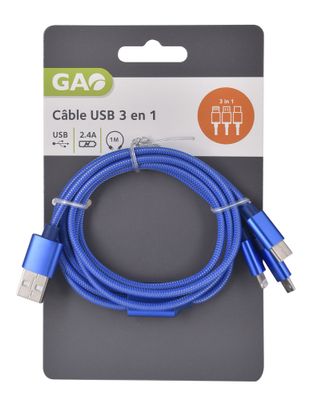 Câble chargeur USB nylon 3 en 1 universel 1 m GAO