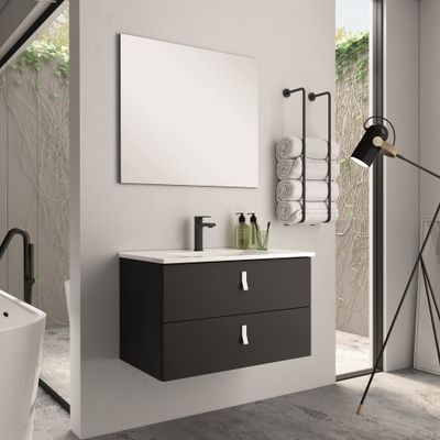 Meuble de salle de bains Kolor 2 tiroirs L60 x H60 x P45 cm bois mélaminé noir - EGORE