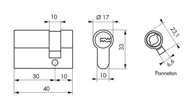 Demi-cylindre de serrure 30 x 10 mm Trafic 12 très haute sécurité nickelé  5 clés THIRARD