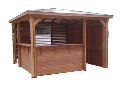 Abri de jardin pool house BLUETERM en bois traité avec comptoir + 1 paroi mur plein, 1 paroi ventelles, 2 parois comptoirs  12,31 m², Livraison à domicile incluse - HABRITA