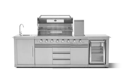 Cuisine d'extérieure ATHENES inox avec évier, réfrigérateur, plan de travail et barbecue - BRASERO