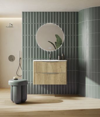 Meuble de salle de bains 2 tiroirs L80 x H60 x P45 cm mélaminé chêne naturel avec plan vasque céramique Mirabo
