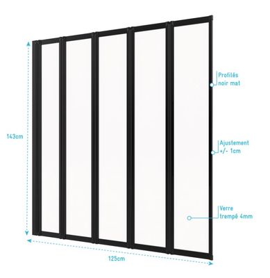 Pare-baignoire 5 volets pivotants noir mat 143 X 125 cm Five AURLANE