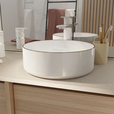 Vasque à poser ronde blanche liseré doré 36x36x12cm - AURLANE