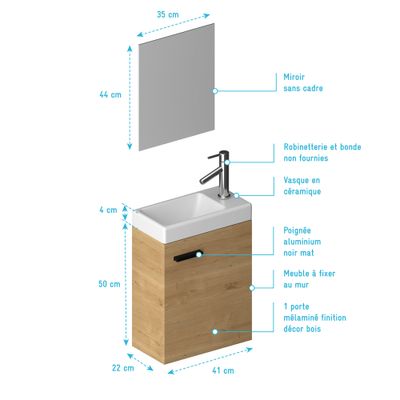 Lave-mains de salle de bains Sweet 41 x 50 x 22 cm MDF bois + miroir 35 x 44 cm