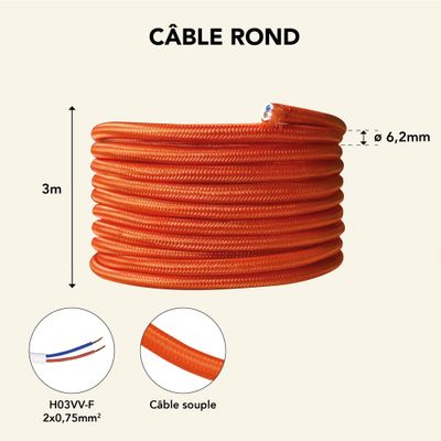 Câble électrique tissu orange 3m - TIBELEC