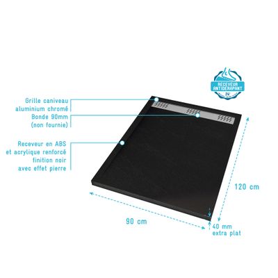 Receveur de douche 90x120 cm acrylique noir Pedra - AURLANE