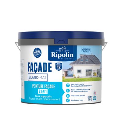 Peinture façade 2 en 1 Blanc mat 10 L- RIPOLIN