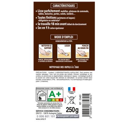 Enduit de lissage bois clair 250 gr SINTOBOIS
