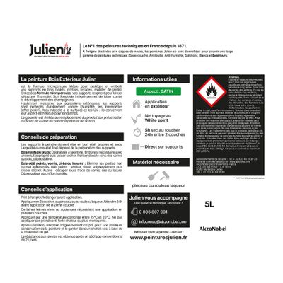Peinture bois blanc satin 5 L - JULIEN