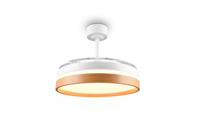 Ventilateur de plafond à pales rétractables LED + télécommande Blanc/bois Ø106cm - Volda REALITY