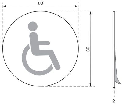 Plaque signalétique adhésive Handicapé diamètre 80 mm aluminium brossé THIRARD