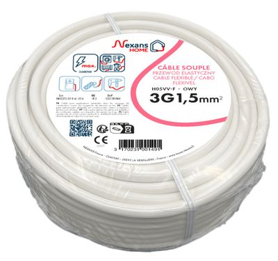 Câble électrique H05VV-F 3G1,5 mm² souple intérieur 10 m blanc - NEXANS