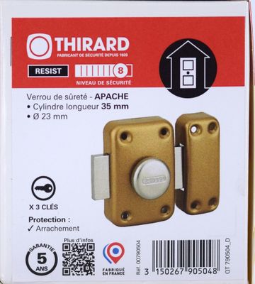 Verrou de porte Apache à bouton et cylindre 35 mm 3 clés THIRARD