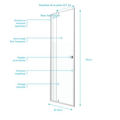Porte de douche pivotante 80x185 cm profilé blanc verre transparent 5 mm Spot - AURLANE