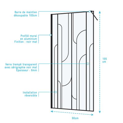 Paroi de douche à l'italienne 90x195 cm profilé noir verre sérigraphié 6 mm Art Deco - AURLANE