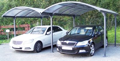 Double Carport en aluminium toit 1/2 rond  surf. Extérieur : 28,62 m² / toit plaques en  polycarbonate, Livraison à domicile incluse - HABRITA