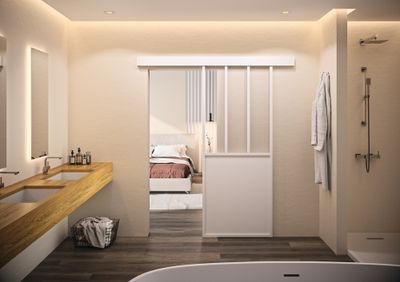 Porte coulissante aluminium blanc style Atelier vitrage clair largeur 83 cm OPTIMUM