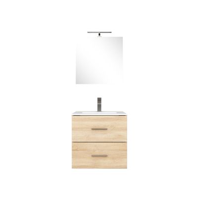 Meuble de salle de bains suspendu bois L 60 cm 2 tiroirs avec vasque et miroir Volta