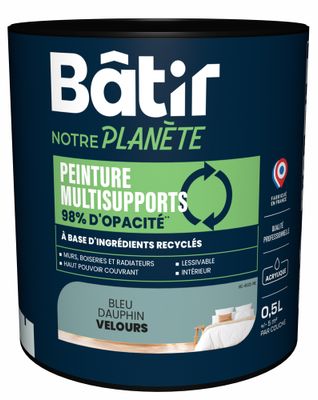 Peinture multi supports velours bleu dauphin 0,5 L - BATIR NOTRE PLANETE