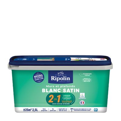 Peinture murs et plafonds 2 en 1 Blanc satin 2,5 L - RIPOLIN
