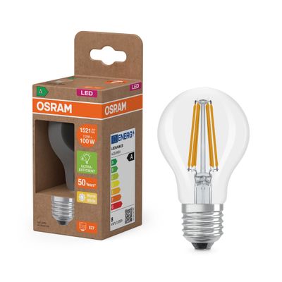 Ampoule LED Standard E27 Filament clair 7,2W=1521 lumens Blanc chaud Classe A OSRAM