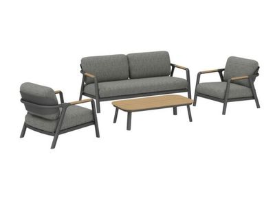 Salon de jardin et de repas PERLE aluminium graphite chêne 8 places avec coussins, Livraison à domicile incluse - PROLOISIRS