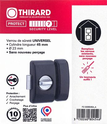 Verrou de porte d'entrée universel à bouton et cylindre 45 mm noir 4 clés THIRARD