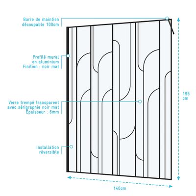 Paroi de douche à l'italienne 140x195 cm profilé noir verre sérigraphié 6 mm Art Deco - AURLANE