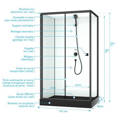 Cabine de douche profilé noir mat et receveur noir 110x80x197 cm Essentiel AURLANE