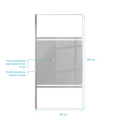 Paroi de douche à l'italienne 100x200 cm profilé chrome verre miroir 8 mm Parma - AURLANE