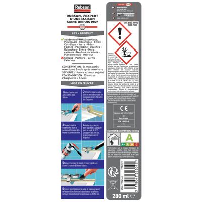 Mastic Silicone Bain & Cuisine Baignoire Synthétique Blanc 280 ml RUBSON