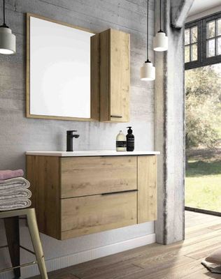 Meuble de salle de bains Reign + vasque centrée 2 tiroirs 1 porte L100 x H48 x P46 cm bois mélaminé chêne foncé - EGORE