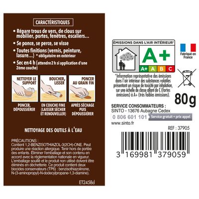 Pâte à bois à l'eau pour petits trous et fissures naturel 80 gr SINTOBOIS