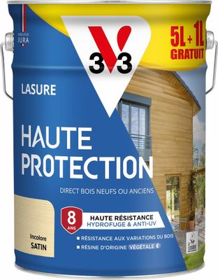 Lasure Haute Protection 8 ans satin incolore 5 L + 1 litre Gratuit - V33