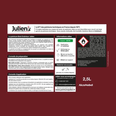 Peinture bois rouge Basque RAL 3004 satin 2,5 L - JULIEN