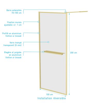Paroi de douche à l'italienne 100x200 cm profilé or verre transparent 6 mm Golden Edge - AURLANE