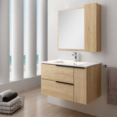 Meuble de salle de bains Reign + vasque centrée 2 tiroirs 1 porte 100 x 48 x 46 cm bois mélaminé chêne clair - EGORE